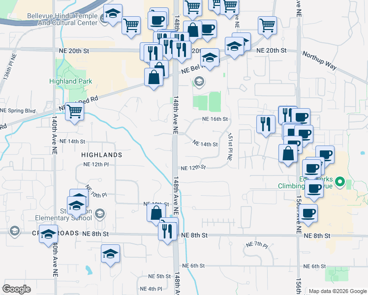 map of restaurants, bars, coffee shops, grocery stores, and more near 14823 Northeast 14th Street in Bellevue