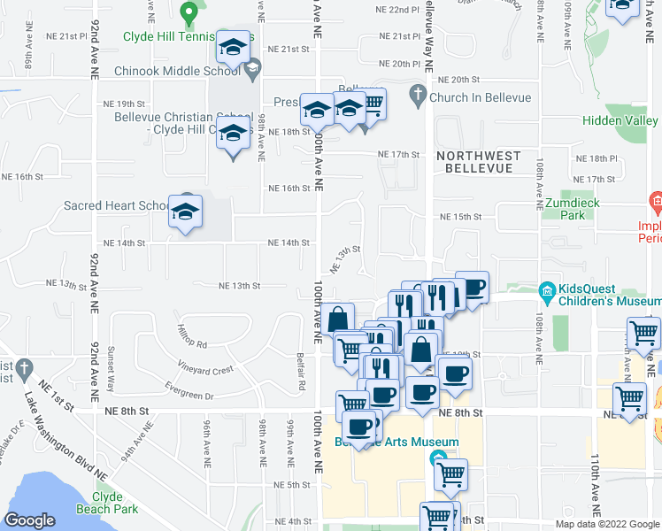 map of restaurants, bars, coffee shops, grocery stores, and more near 10012 Northeast 13th Street in Bellevue