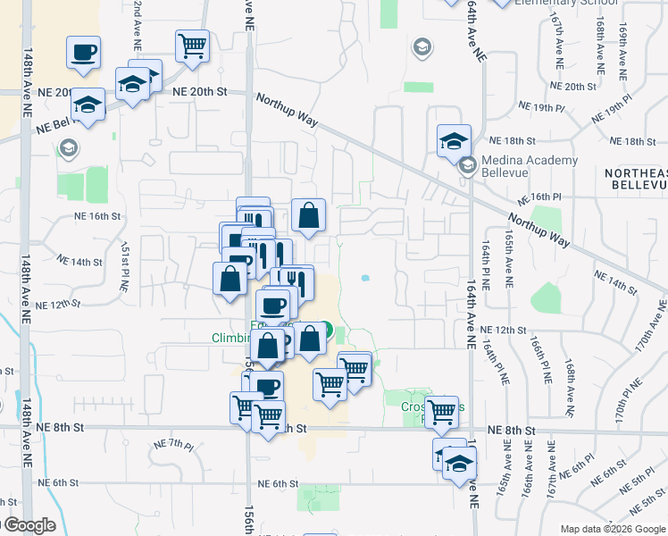 map of restaurants, bars, coffee shops, grocery stores, and more near 1400 159th Place Northeast in Bellevue