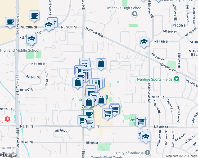 map of restaurants, bars, coffee shops, grocery stores, and more near 1401 158th Place Northeast in Bellevue