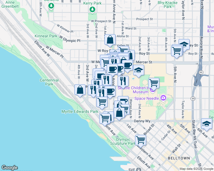 map of restaurants, bars, coffee shops, grocery stores, and more near 16 West Harrison Street in Seattle