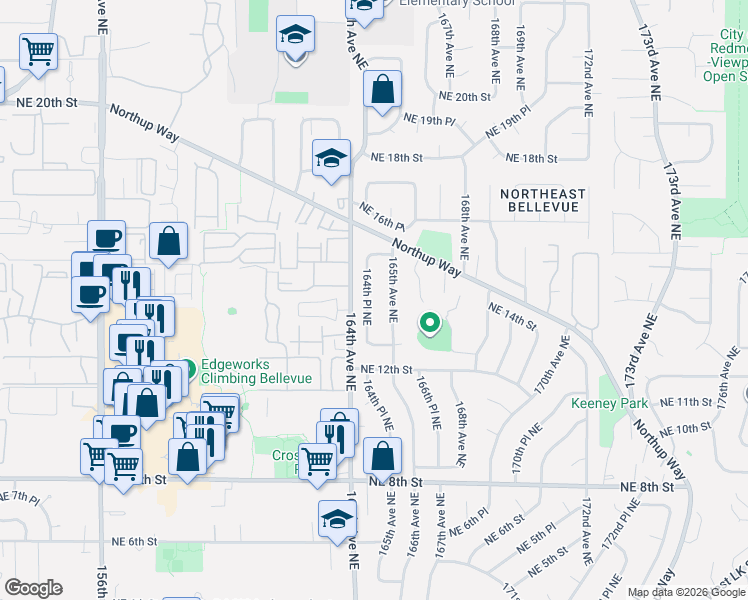 map of restaurants, bars, coffee shops, grocery stores, and more near 1338 164th Place Northeast in Bellevue