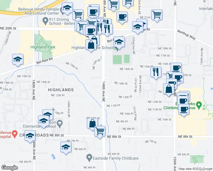 map of restaurants, bars, coffee shops, grocery stores, and more near 14814 Northeast 13th Street in Bellevue