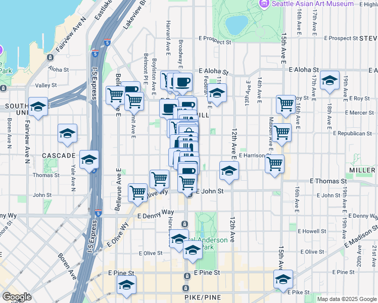 map of restaurants, bars, coffee shops, grocery stores, and more near 324 Broadway East in Seattle