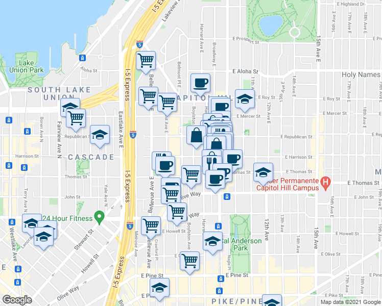 map of restaurants, bars, coffee shops, grocery stores, and more near 511 East Harrison Street in Seattle