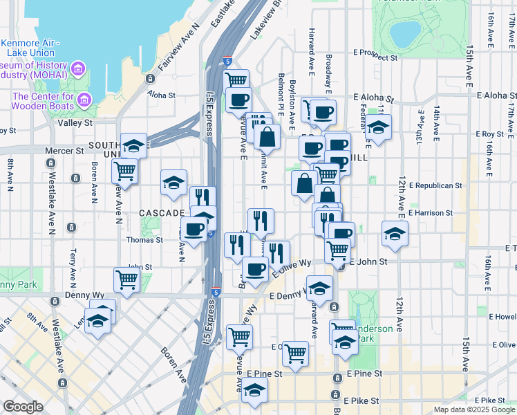 map of restaurants, bars, coffee shops, grocery stores, and more near 502 East Harrison Street in Seattle