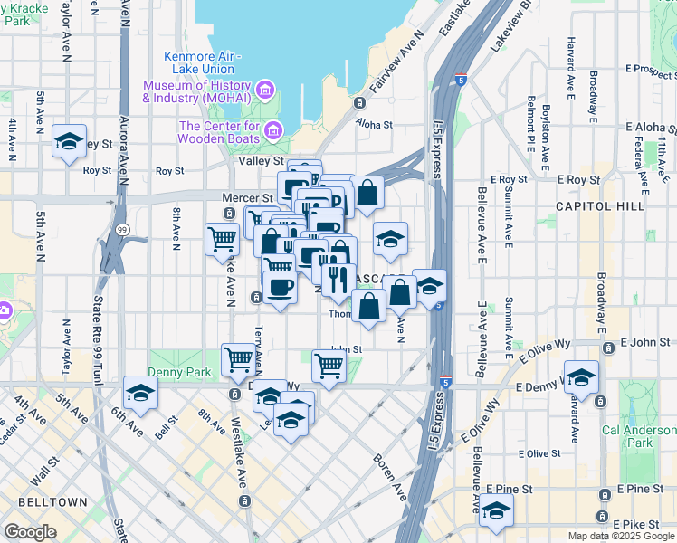 map of restaurants, bars, coffee shops, grocery stores, and more near 330 Fairview Avenue North in Seattle