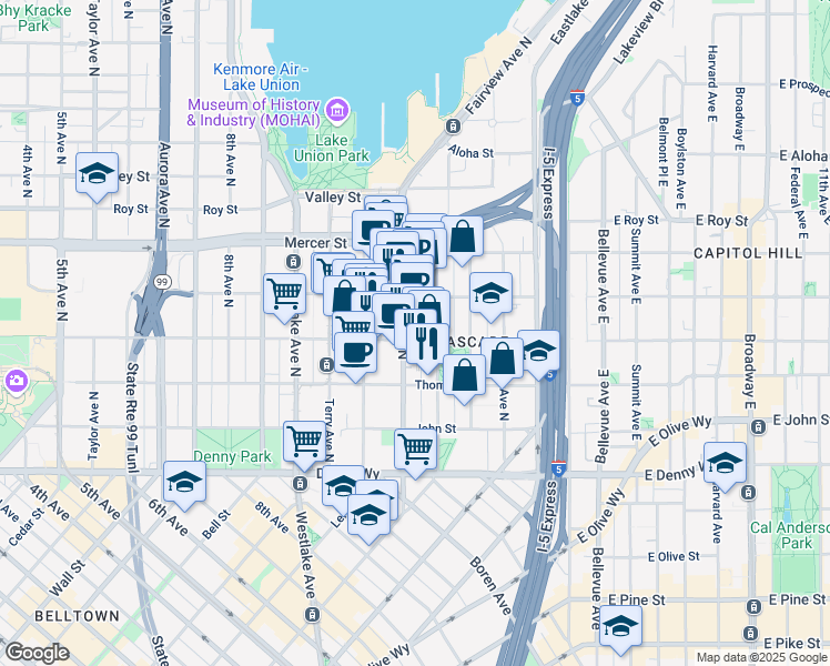 map of restaurants, bars, coffee shops, grocery stores, and more near 330 Fairview Avenue North in Seattle