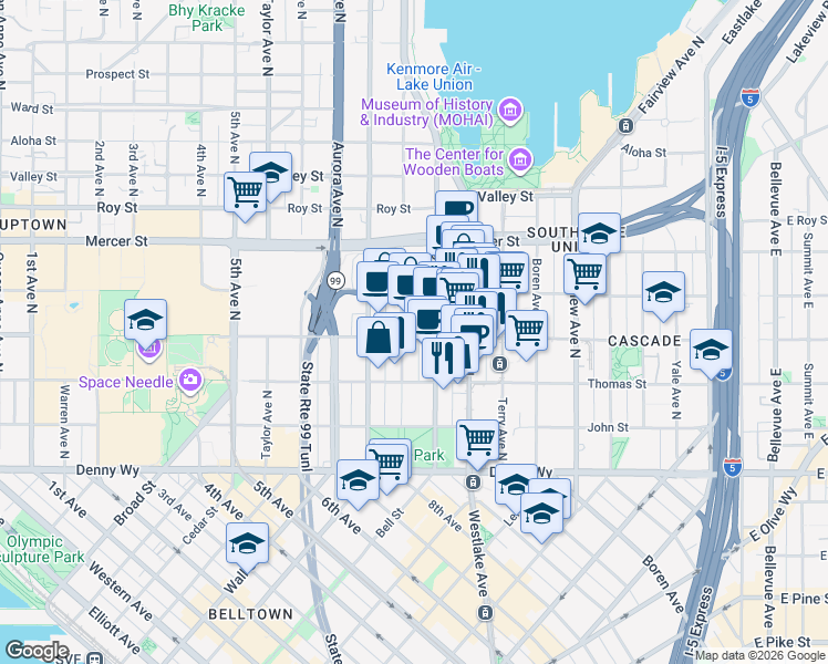map of restaurants, bars, coffee shops, grocery stores, and more near 825 Harrison Street in Seattle