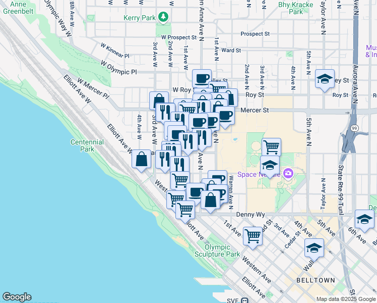 map of restaurants, bars, coffee shops, grocery stores, and more near 103 West Harrison Street in Seattle