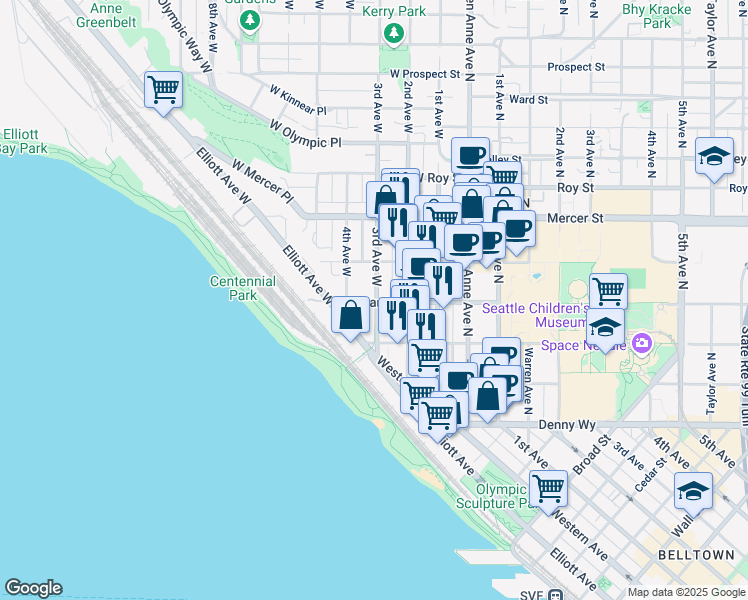 map of restaurants, bars, coffee shops, grocery stores, and more near 300 West Harrison Street in Seattle