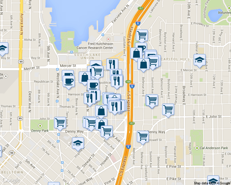 map of restaurants, bars, coffee shops, grocery stores, and more near in Seattle