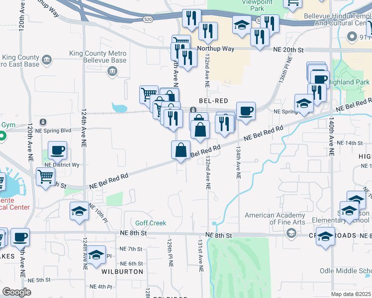 map of restaurants, bars, coffee shops, grocery stores, and more near 13000 Bel-Red Road in Bellevue