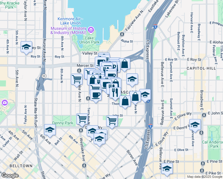map of restaurants, bars, coffee shops, grocery stores, and more near 400 Fairview Avenue North in Seattle