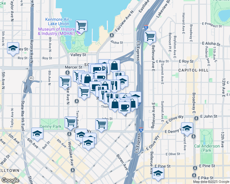 map of restaurants, bars, coffee shops, grocery stores, and more near 1232 Harrison Street in Seattle