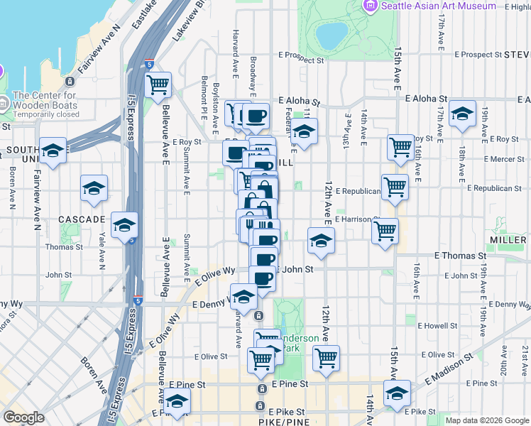 map of restaurants, bars, coffee shops, grocery stores, and more near Broadway Ave E in Seattle