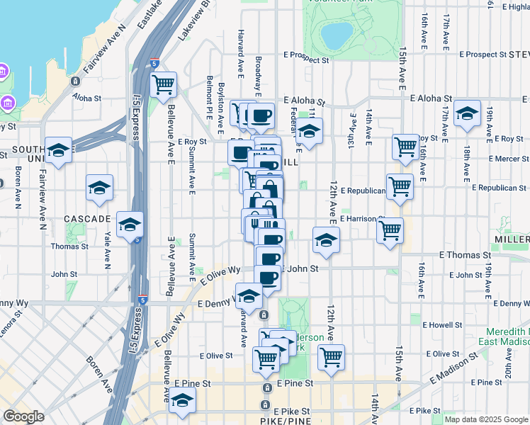 map of restaurants, bars, coffee shops, grocery stores, and more near 417 Broadway East in Seattle