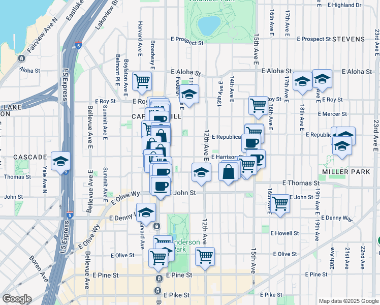 map of restaurants, bars, coffee shops, grocery stores, and more near in Seattle