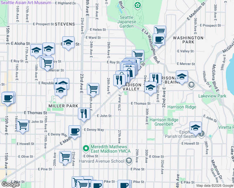 map of restaurants, bars, coffee shops, grocery stores, and more near in Seattle