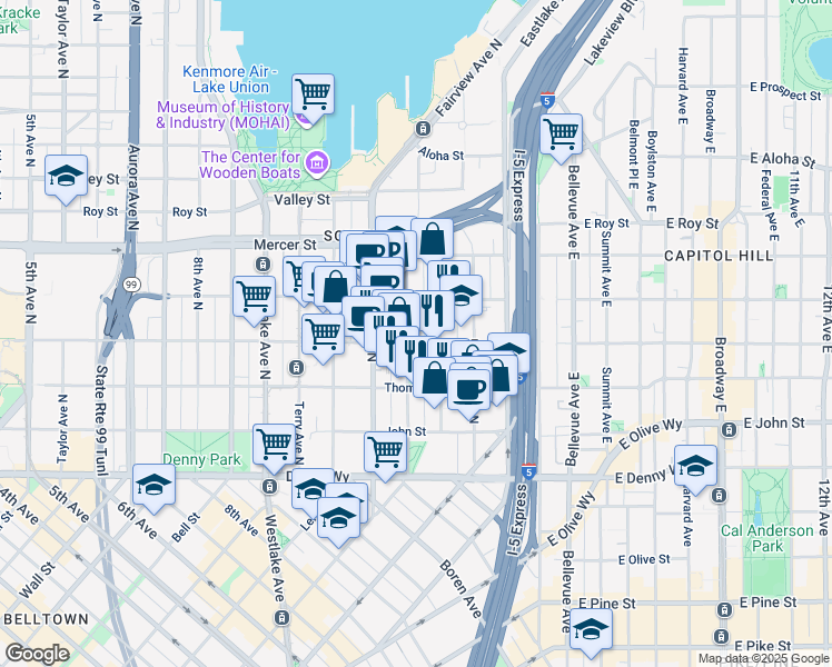 map of restaurants, bars, coffee shops, grocery stores, and more near 1212 Harrison Street in Seattle