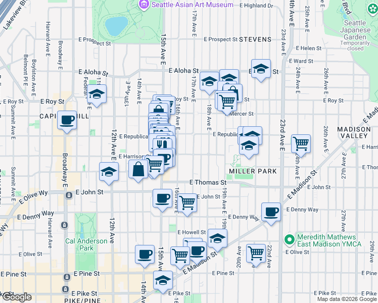 map of restaurants, bars, coffee shops, grocery stores, and more near in Seattle