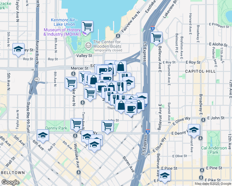 map of restaurants, bars, coffee shops, grocery stores, and more near in Seattle