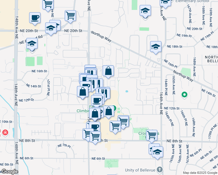 map of restaurants, bars, coffee shops, grocery stores, and more near 1390 158th Place Northeast in Bellevue