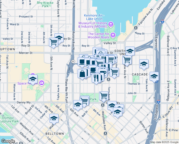 map of restaurants, bars, coffee shops, grocery stores, and more near 825 Harrison Street in Seattle
