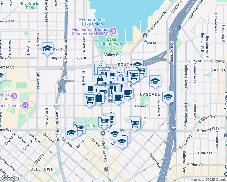map of restaurants, bars, coffee shops, grocery stores, and more near 410 Terry Avenue North in Seattle