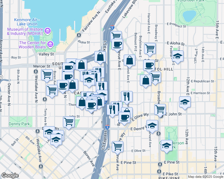 map of restaurants, bars, coffee shops, grocery stores, and more near 400 Melrose Avenue East in Seattle