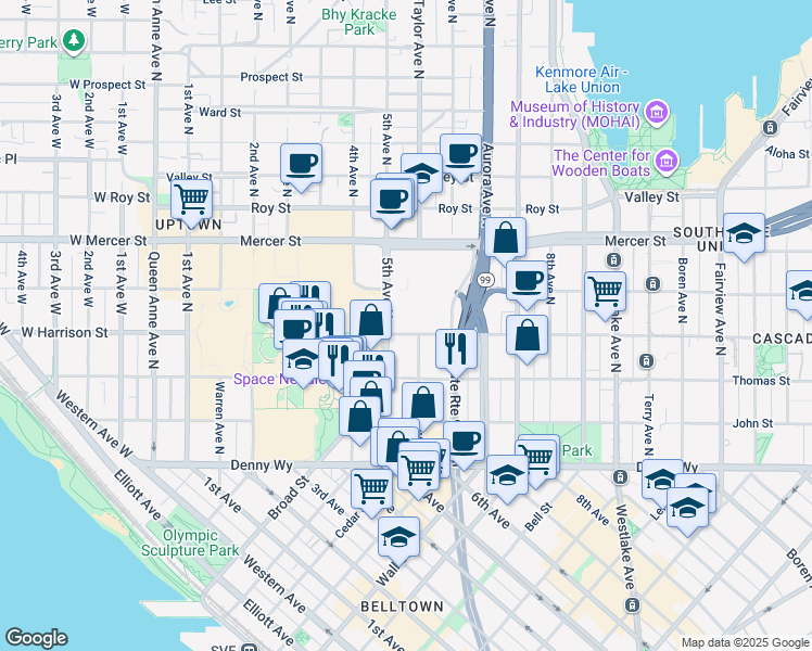 map of restaurants, bars, coffee shops, grocery stores, and more near 516 Harrison Street in Seattle