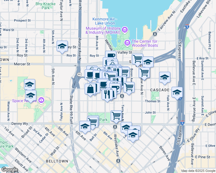 map of restaurants, bars, coffee shops, grocery stores, and more near 400 9th Avenue North in Seattle