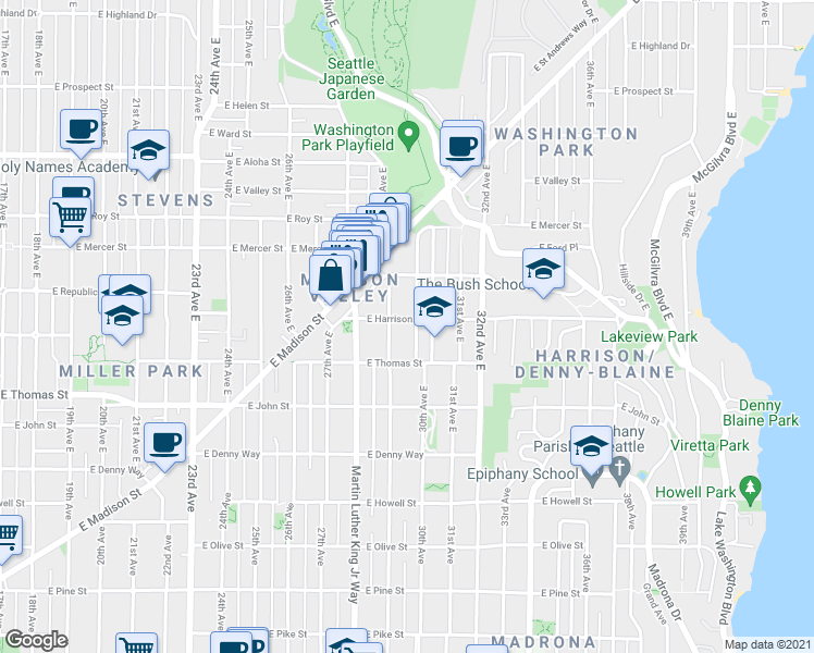 map of restaurants, bars, coffee shops, grocery stores, and more near 320 Dewey Place East in Seattle