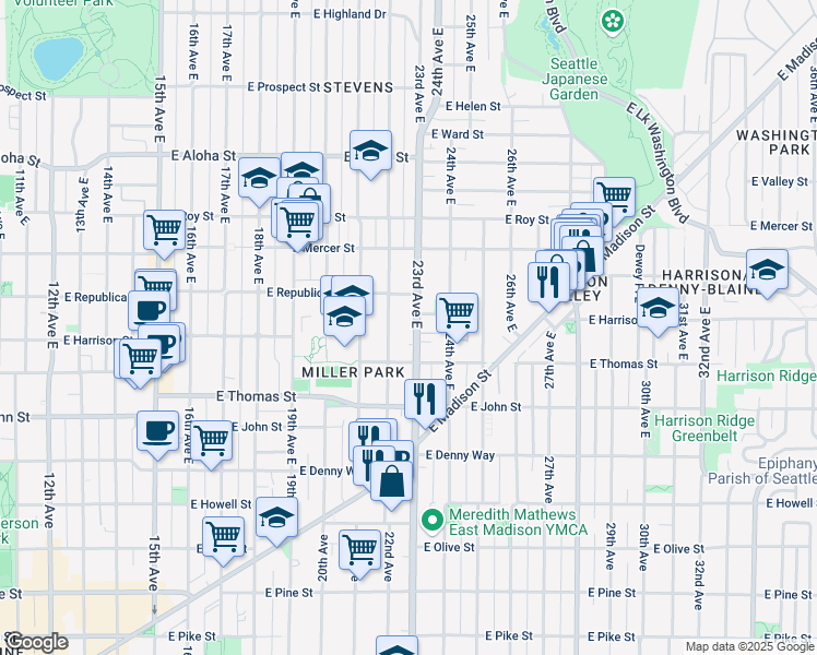 map of restaurants, bars, coffee shops, grocery stores, and more near 315 23rd Avenue East in Seattle