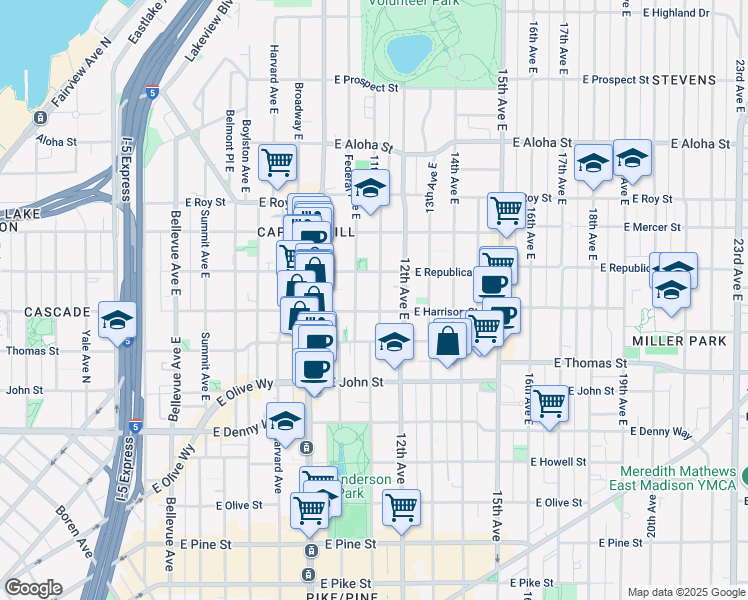 map of restaurants, bars, coffee shops, grocery stores, and more near in Seattle