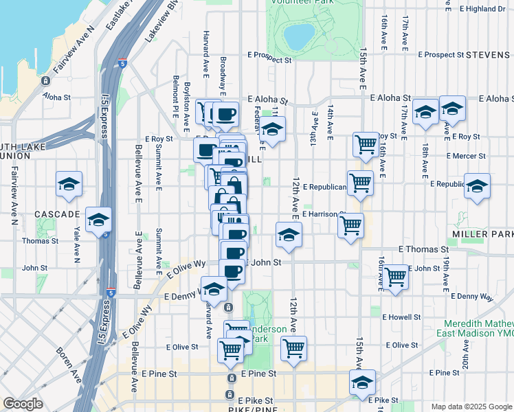 map of restaurants, bars, coffee shops, grocery stores, and more near 1017 East Harrison Street in Seattle