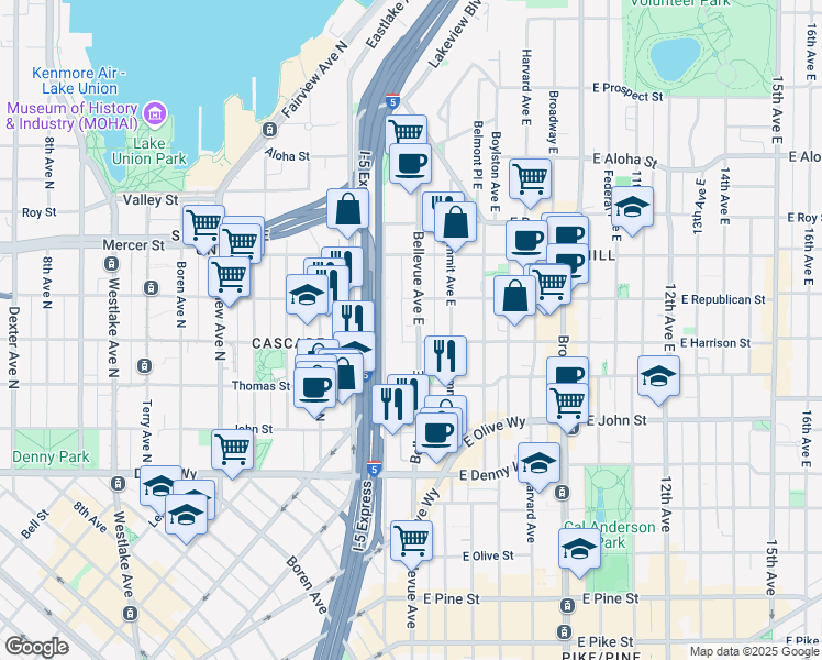 map of restaurants, bars, coffee shops, grocery stores, and more near 404 East Harrison Street in Seattle