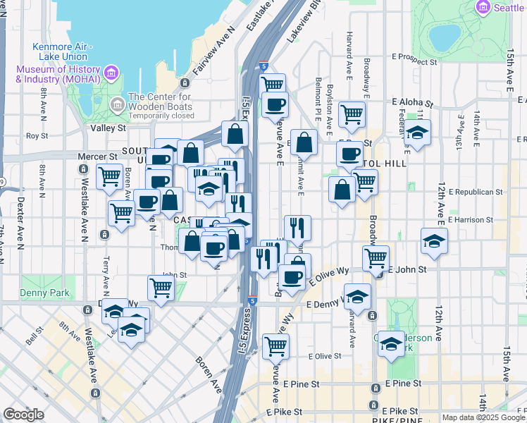 map of restaurants, bars, coffee shops, grocery stores, and more near 400 Melrose Avenue East in Seattle