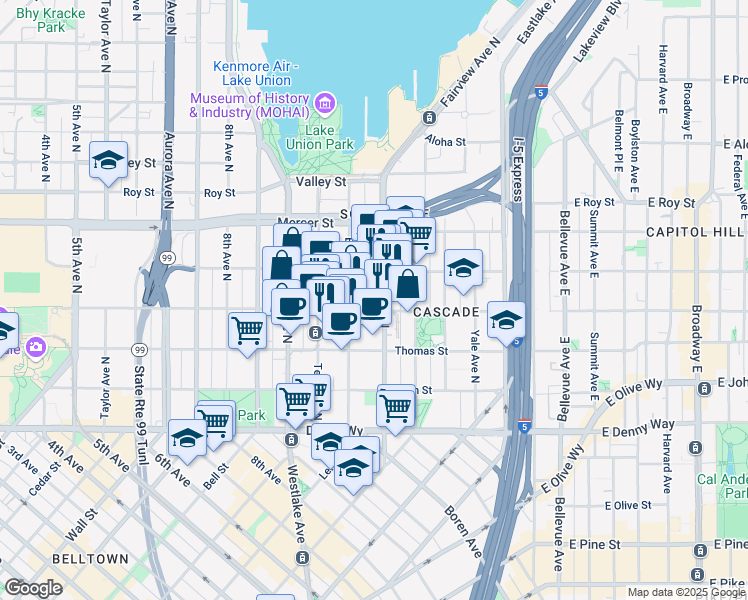 map of restaurants, bars, coffee shops, grocery stores, and more near 409 Fairview Avenue North in Seattle