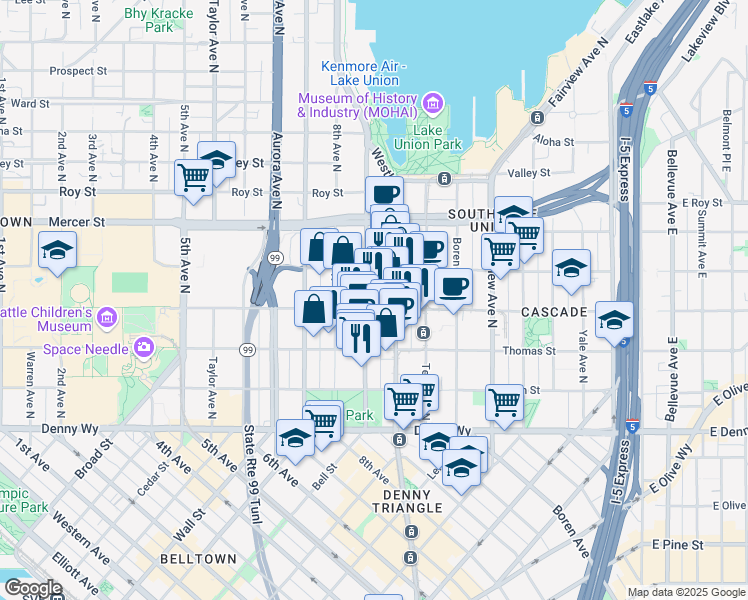 map of restaurants, bars, coffee shops, grocery stores, and more near 825 Harrison Street in Seattle