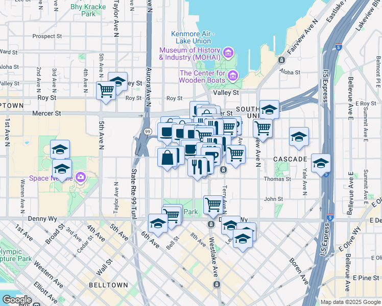 map of restaurants, bars, coffee shops, grocery stores, and more near 825 Harrison Street in Seattle