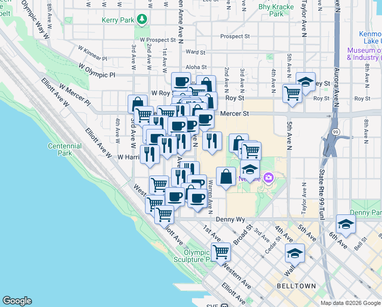 map of restaurants, bars, coffee shops, grocery stores, and more near 19 West Harrison Street in Seattle