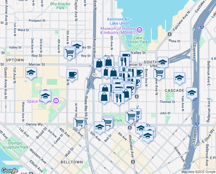 map of restaurants, bars, coffee shops, grocery stores, and more near 760 Harrison Street in Seattle