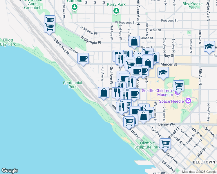 map of restaurants, bars, coffee shops, grocery stores, and more near 300 West Harrison Street in Seattle