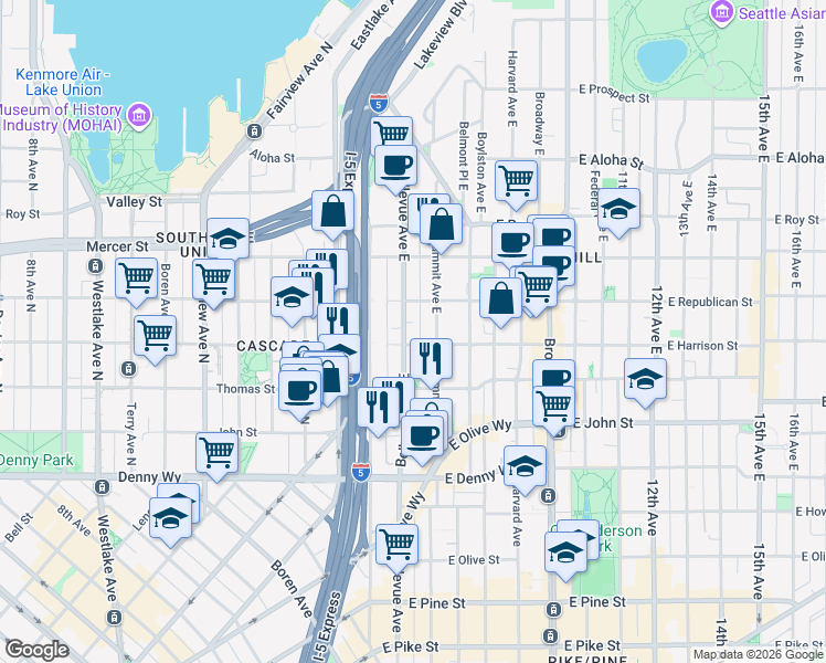 map of restaurants, bars, coffee shops, grocery stores, and more near 408 Bellevue Avenue East in Seattle