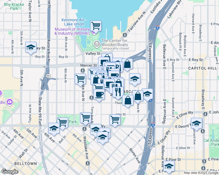 map of restaurants, bars, coffee shops, grocery stores, and more near 1146 Harrison Street in Seattle