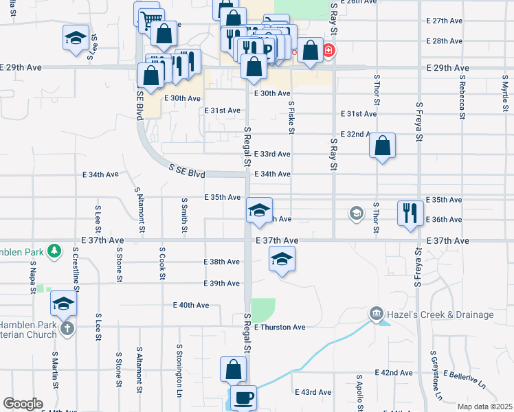 map of restaurants, bars, coffee shops, grocery stores, and more near 2922 East 35th Avenue in Spokane