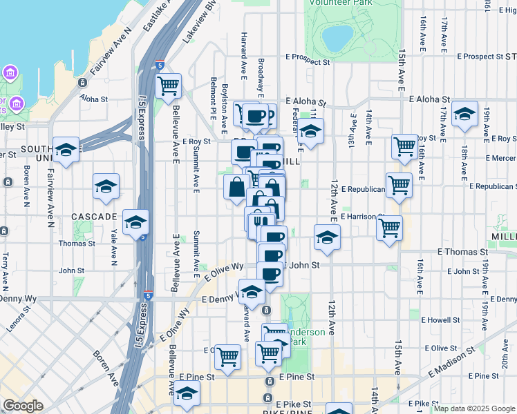 map of restaurants, bars, coffee shops, grocery stores, and more near 401 Harvard Avenue East in Seattle