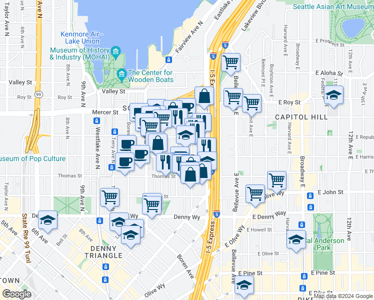 map of restaurants, bars, coffee shops, grocery stores, and more near 409 Yale Avenue North in Seattle