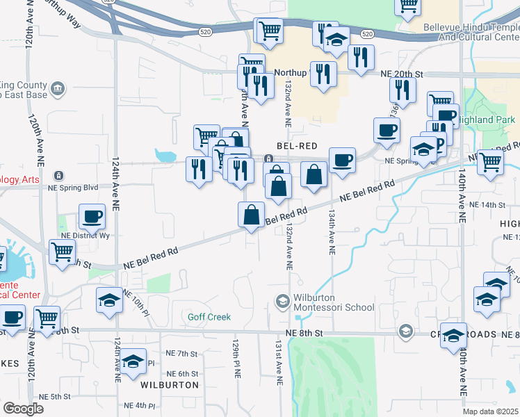 map of restaurants, bars, coffee shops, grocery stores, and more near 13000 Bel-Red Road in Bellevue